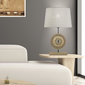 Lámpara de Mesa RODANO madera/negro.Pantalla tostada.