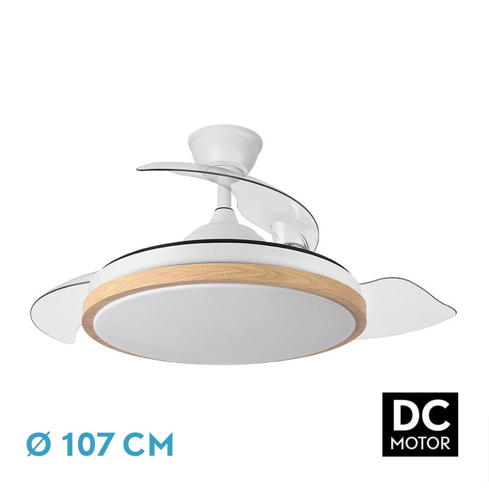 Ventilador EVROS blanco/haya.Motor DC.Diámetro: 50-107 cms.