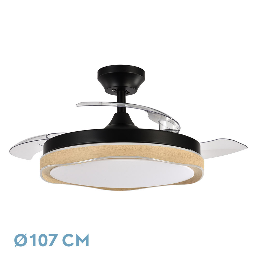 Ventilador BLONDI negro/madera natural.Motor DC.Diámetro: 49-107 cms.
