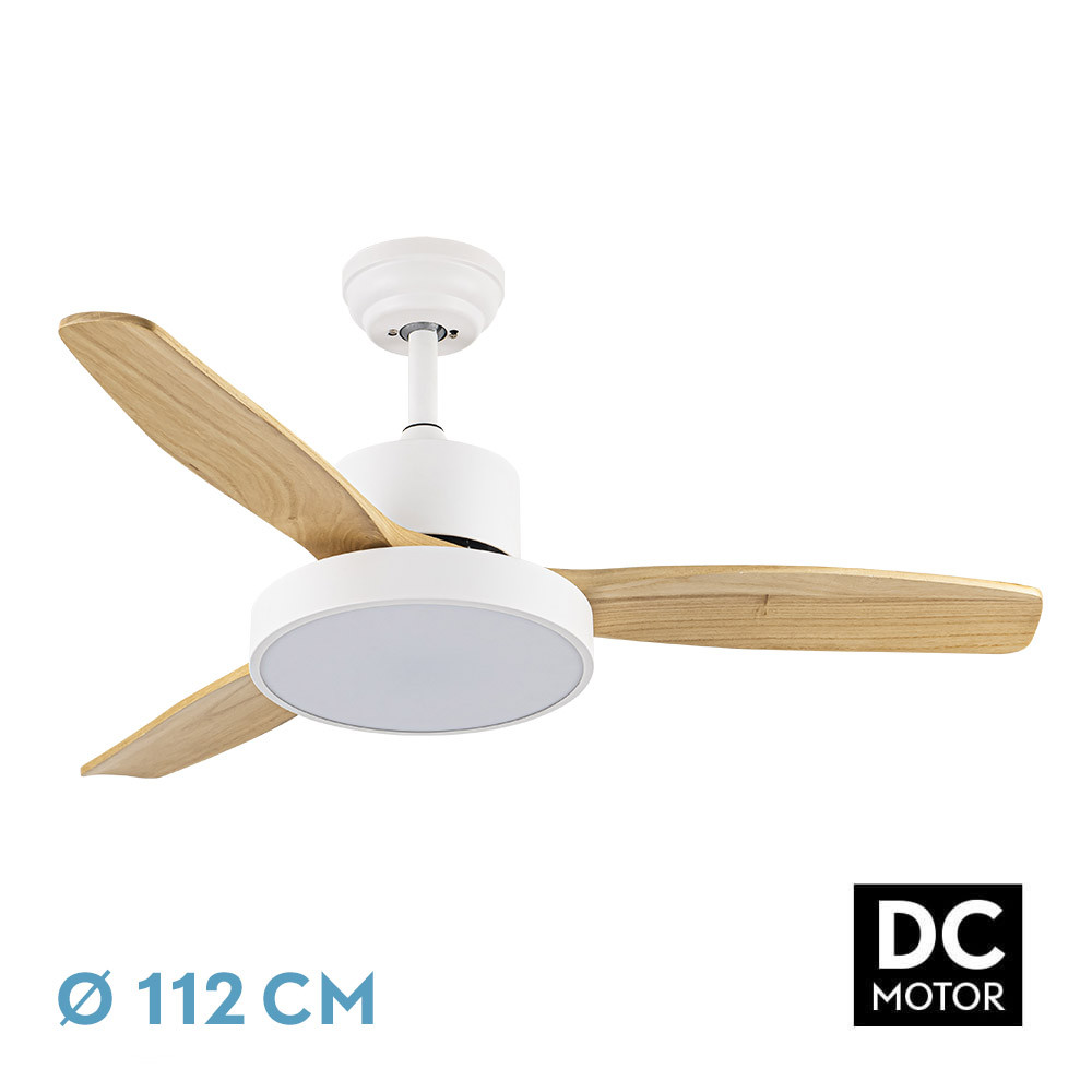 Ventilador KAVALA blanco/haya.Motor DC.Diámetro: 112 cms.
