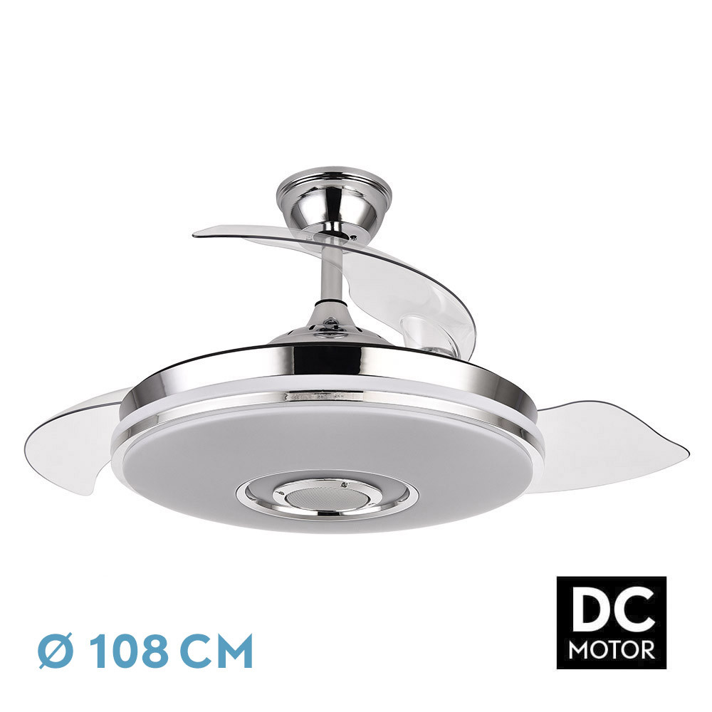 Ventilador NOTO cromo.Motor DC.RGB+ALTAVOZ y BLUETOOTH.Diámetro: 50-108 cms.